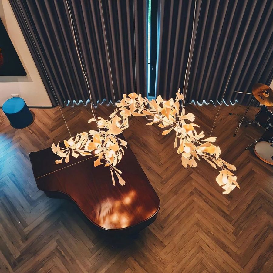 Ceramic Ginkgo Leaf Chandelier Linear Design Pendant Light Dining Room Living Room Porcelain Brass Lighting | Sansoti