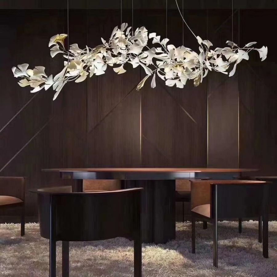 Ceramic Ginkgo Leaf Chandelier Linear Design Pendant Light Dining Room Living Room Porcelain Brass Lighting | Sansoti