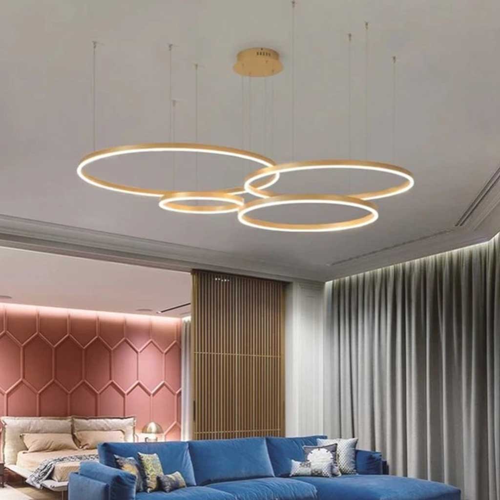 Dimmable Aluminum Chandelier with Rings, Black and Gold, Adjustable LED Light, Modern Pendant Light, Living Room | Sansoti