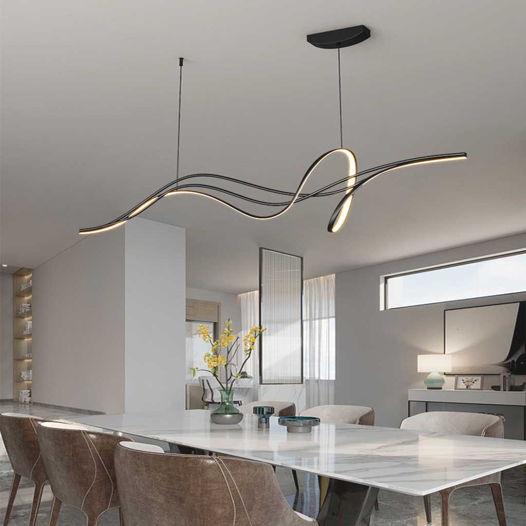 Wave-Shaped Dimmable LED Pendant Light, Black and White Chandelier, Living Room, Dining Room, Modern Design, 120–140cm, Ambient Lighting | Sansoti