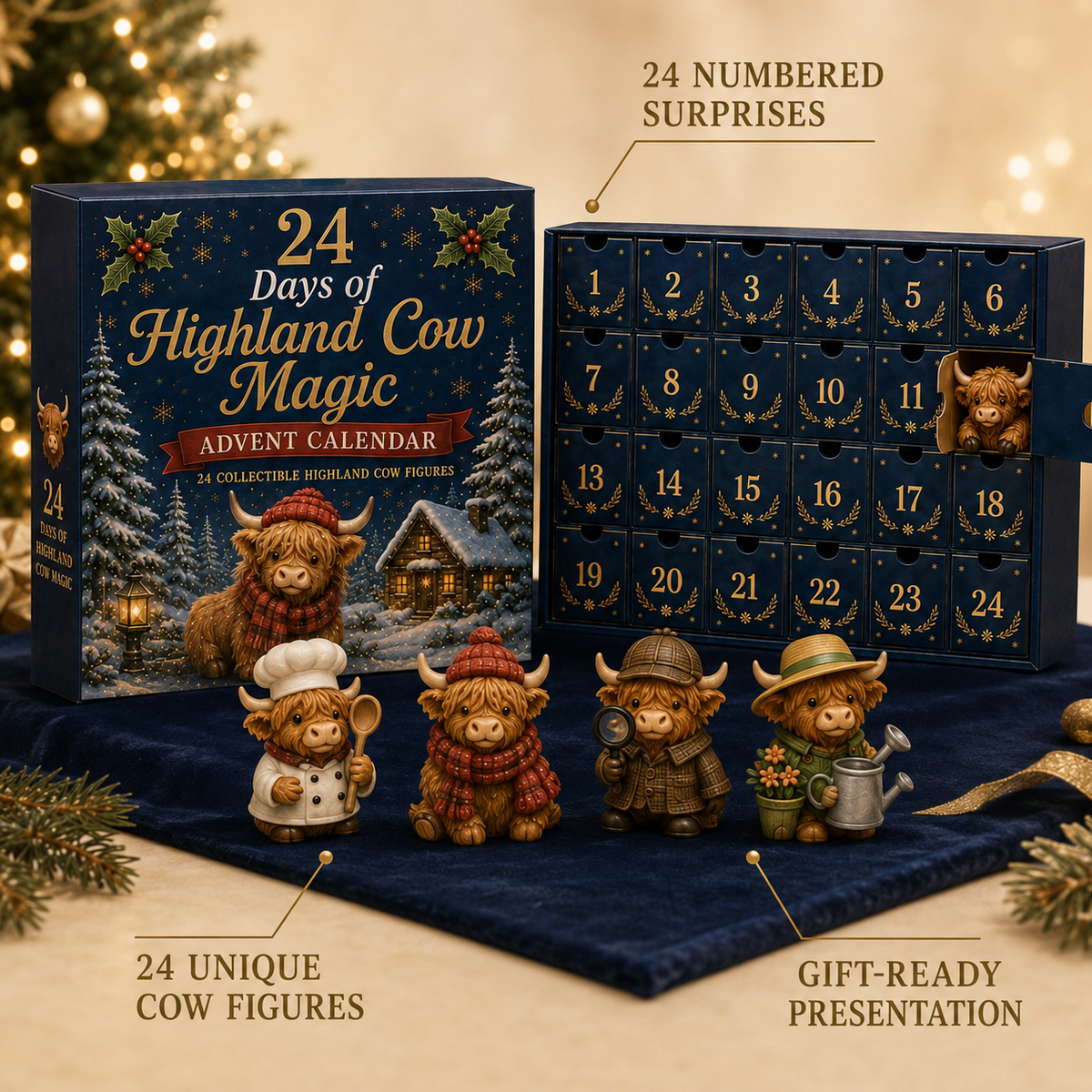 Adventskalender met 24 Hooglandkoeien Figuren Kerst Aftellen Decoratie Verzamelset Festieve Cadeau-idee | Sansoti