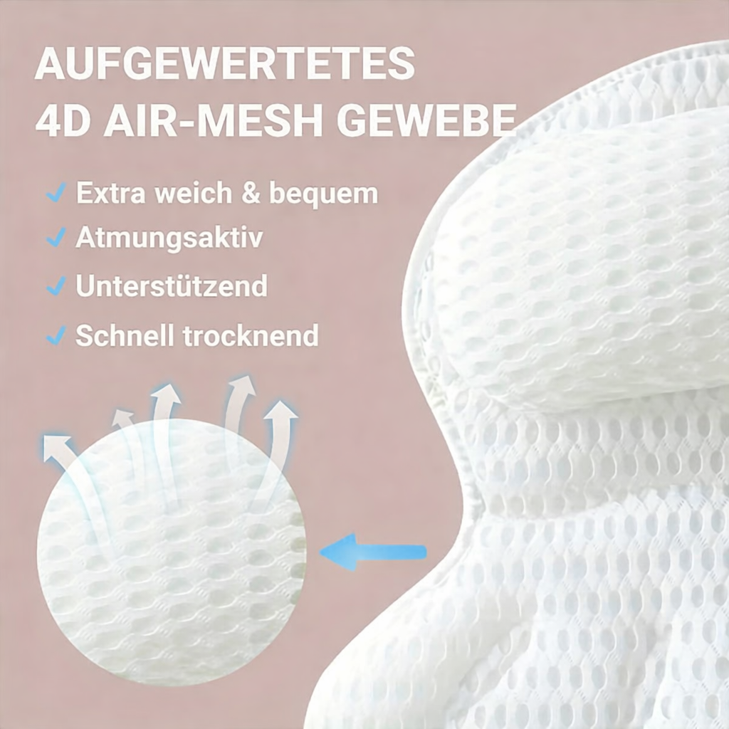 Ergonomic Bath Pillow with Neck Support Suction Cups Non-Slip 4D Mesh Breathable Bathroom Comfort Wellness Spa Relaxation | Sansoti