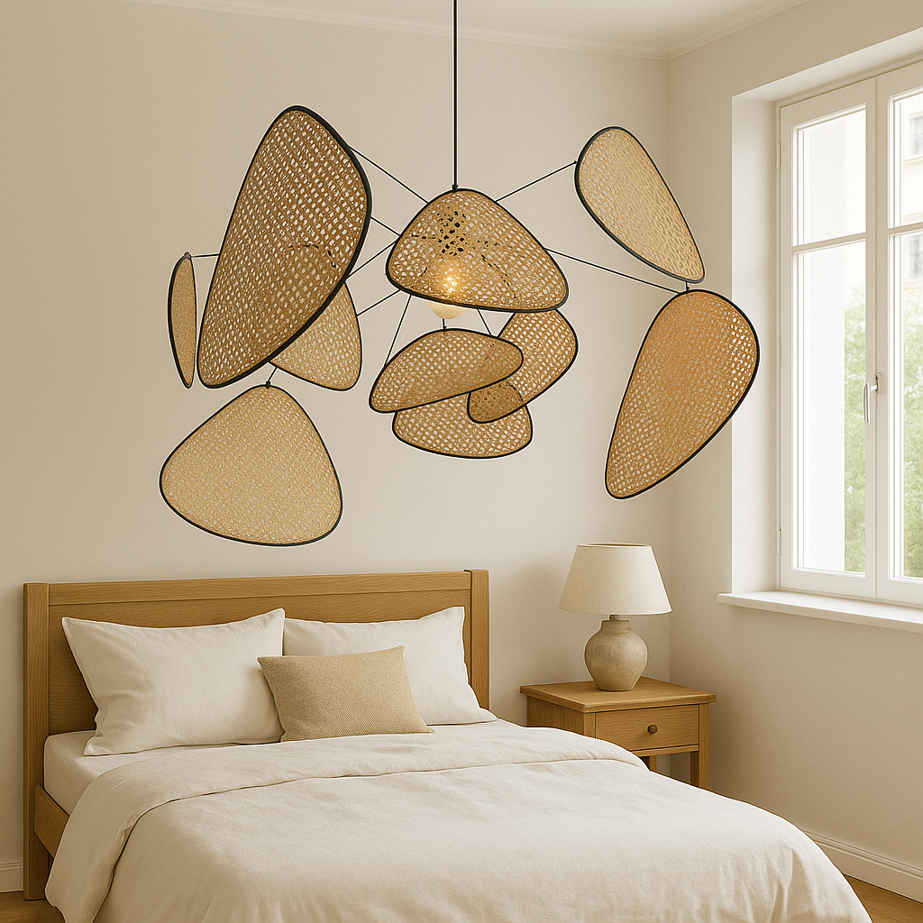 Suspension rotin LED 3000K blanc chaud chambre coin repas design organique rotin éclairage lampe de plafond style naturel | Sansoti