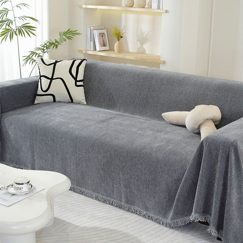 Chenille Throw with Herringbone Pattern and Tassels – Soft Sofa Blanket 180x130cm – Decorative Home Throw for Sofa | Sansoti