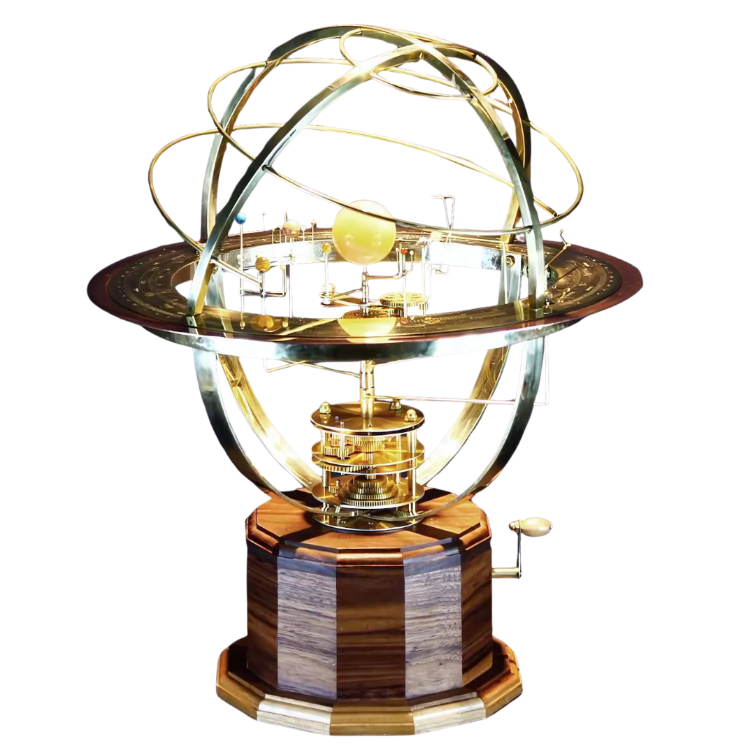 Mechanical Solar System Model Brass Semiprecious Stones 9 Planets 28 Moons Moving Decorative Oak Wood Base | Sansoti