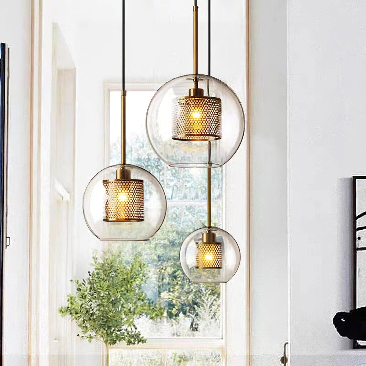 Glas-Hängelampe mit Metall-Gitterschirm Transparent Bernstein Schwarz Gold 20-30cm Skandinavisches Design Esszimmer Küche | Sansoti