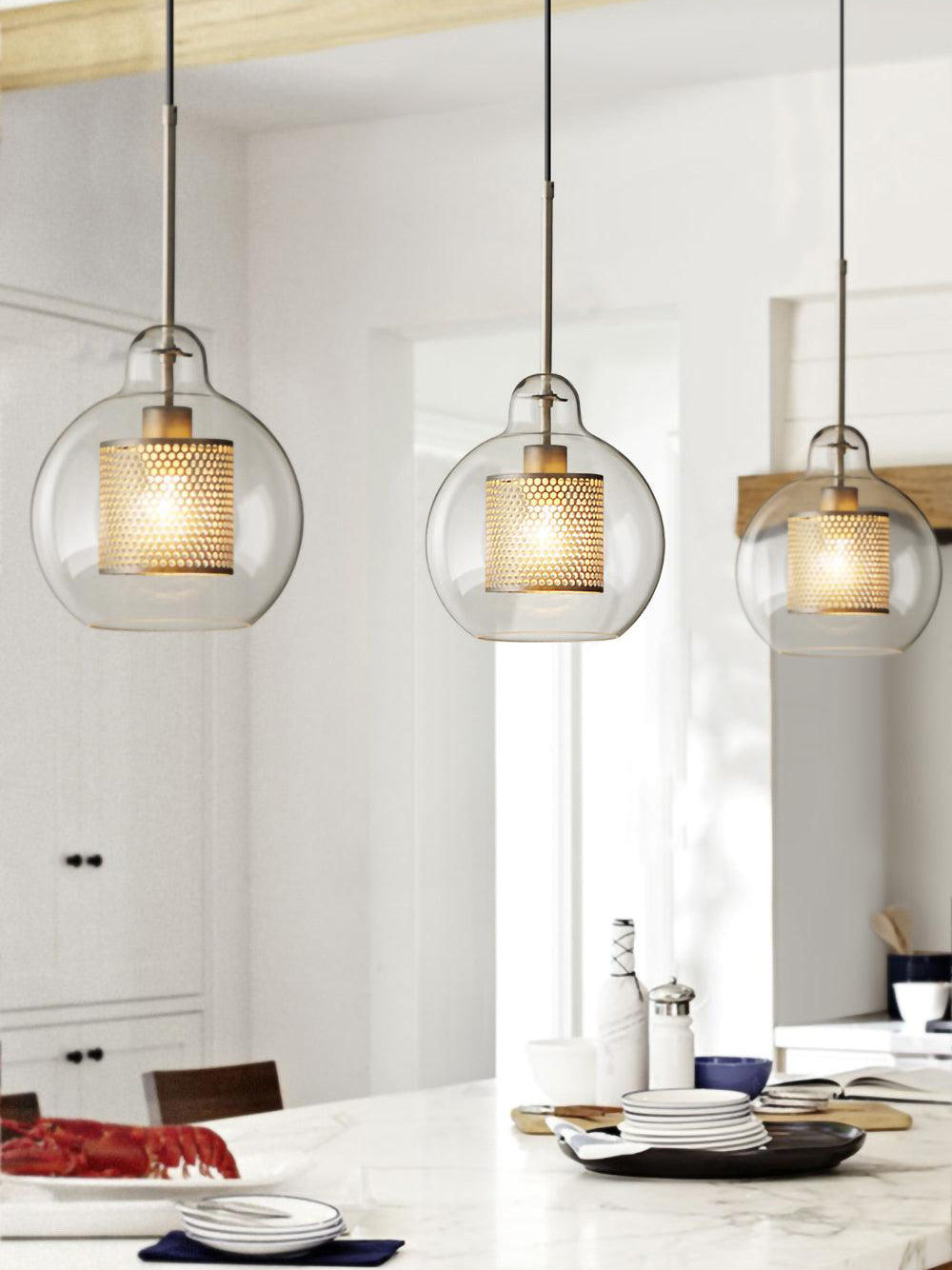 Glas-Hängelampe mit Metall-Gitterschirm Transparent Bernstein Schwarz Gold 20-30cm Skandinavisches Design Esszimmer Küche | Sansoti