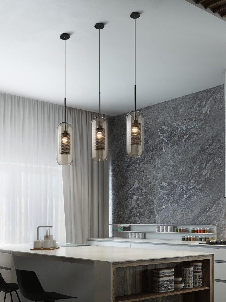 Glas-Hängelampe mit Metall-Gitterschirm Transparent Bernstein Schwarz Gold 20-30cm Skandinavisches Design Esszimmer Küche | Sansoti