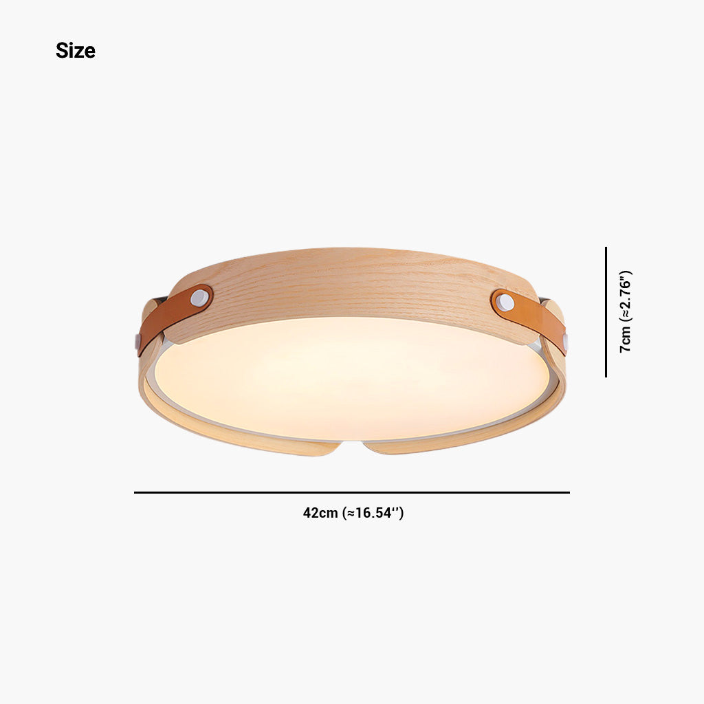 Runde Deckenleuchte aus Holz und Leder, dimmbare LED-Beleuchtung mit Fernbedienung, drei Farben, modernes Design | Sansoti