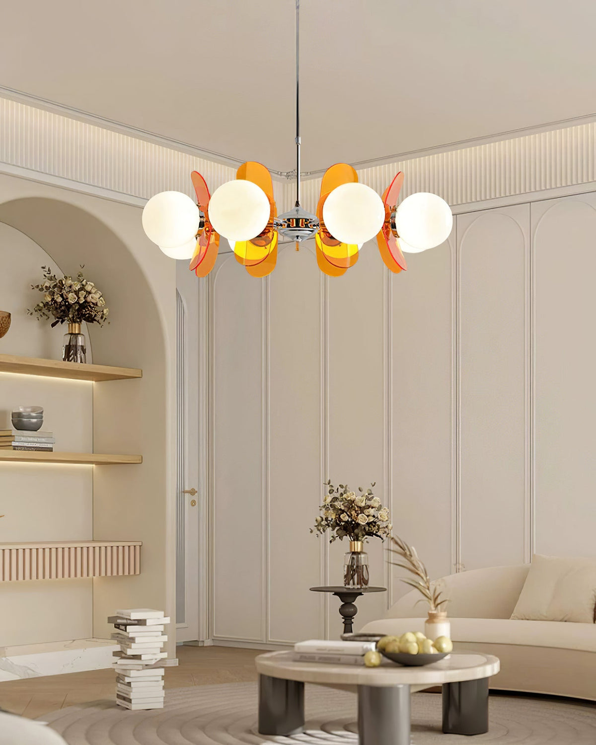 Moderner Sputnik-Kronleuchter mit farbigen Acrylelementen und weißen Glaskugeln – Design-Hängeleuchte mit mehreren Lichtpunkten | Sansoti
