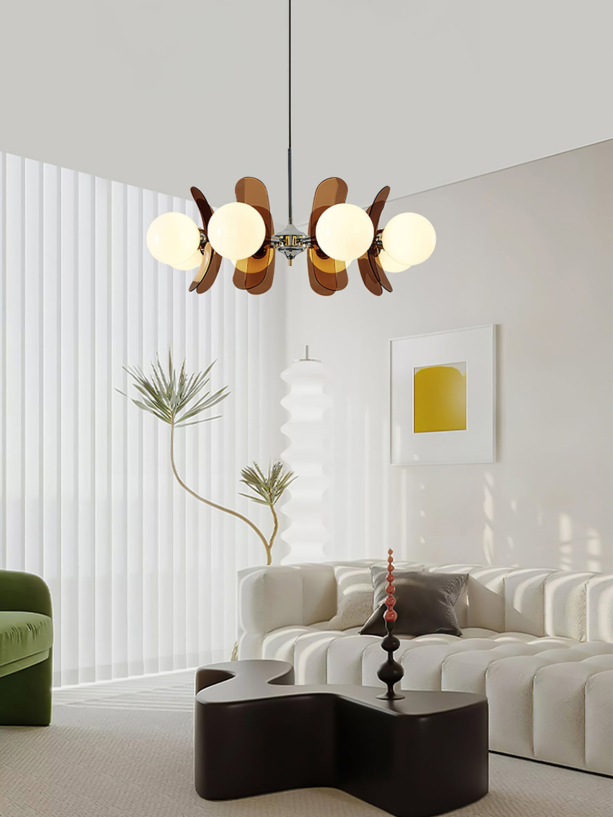Moderner Sputnik-Kronleuchter mit farbigen Acrylelementen und weißen Glaskugeln – Design-Hängeleuchte mit mehreren Lichtpunkten | Sansoti