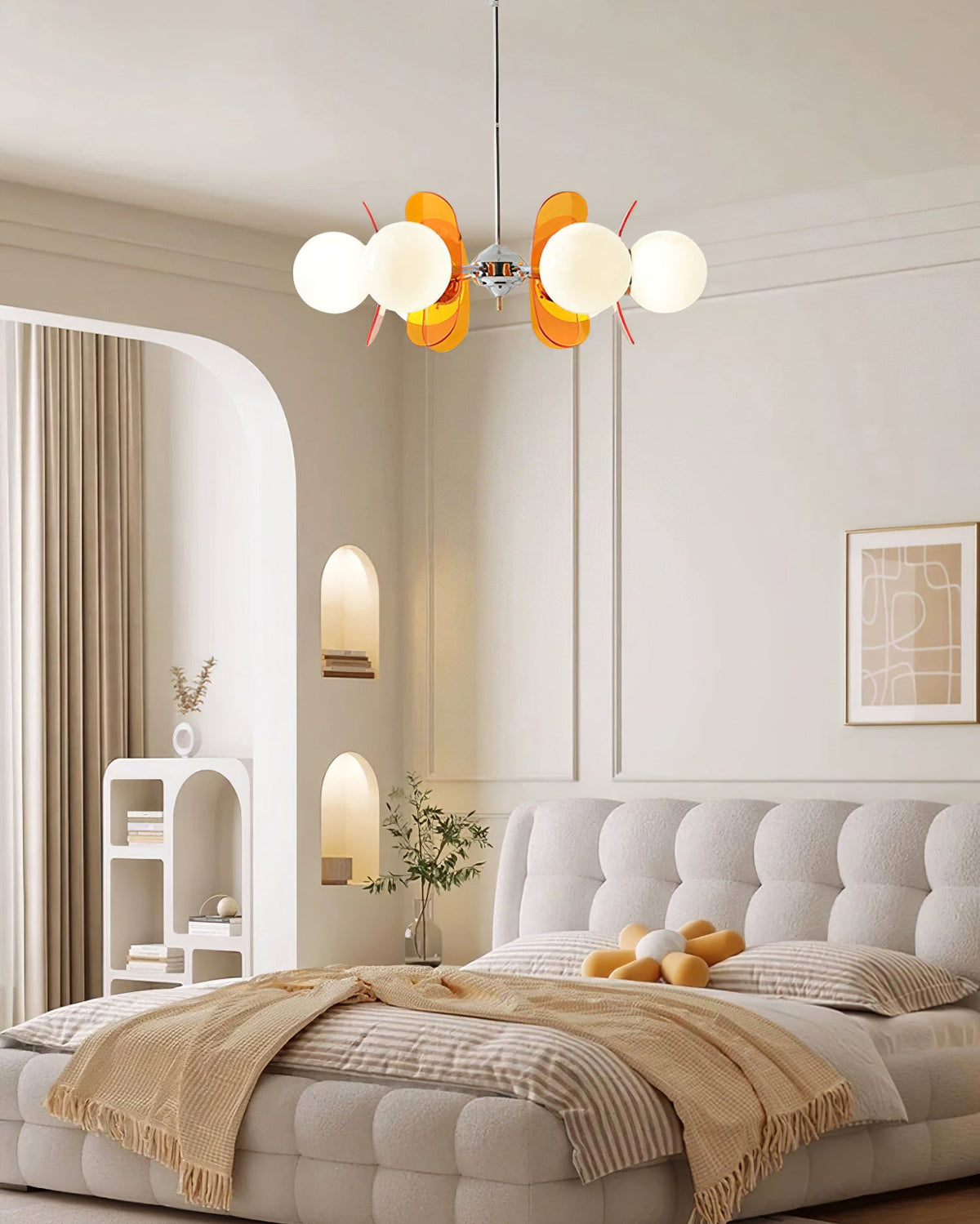 Moderner Sputnik-Kronleuchter mit farbigen Acrylelementen und weißen Glaskugeln – Design-Hängeleuchte mit mehreren Lichtpunkten | Sansoti