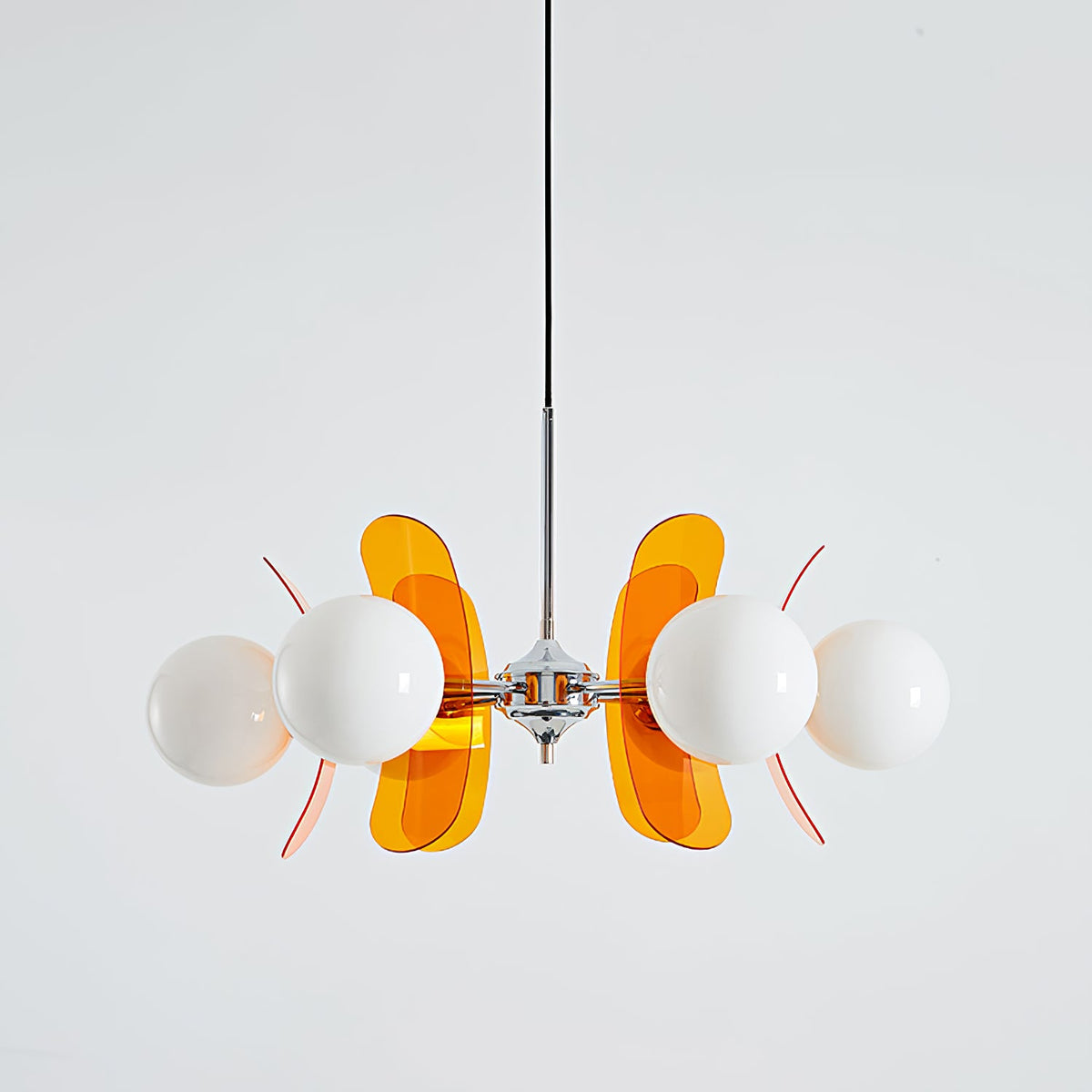 Moderner Sputnik-Kronleuchter mit farbigen Acrylelementen und weißen Glaskugeln – Design-Hängeleuchte mit mehreren Lichtpunkten | Sansoti