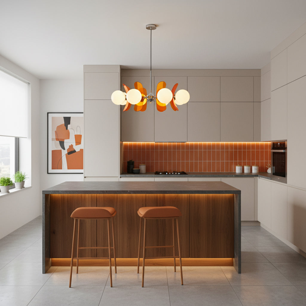 Moderner Sputnik-Kronleuchter mit farbigen Acrylelementen und weißen Glaskugeln – Design-Hängeleuchte mit mehreren Lichtpunkten | Sansoti