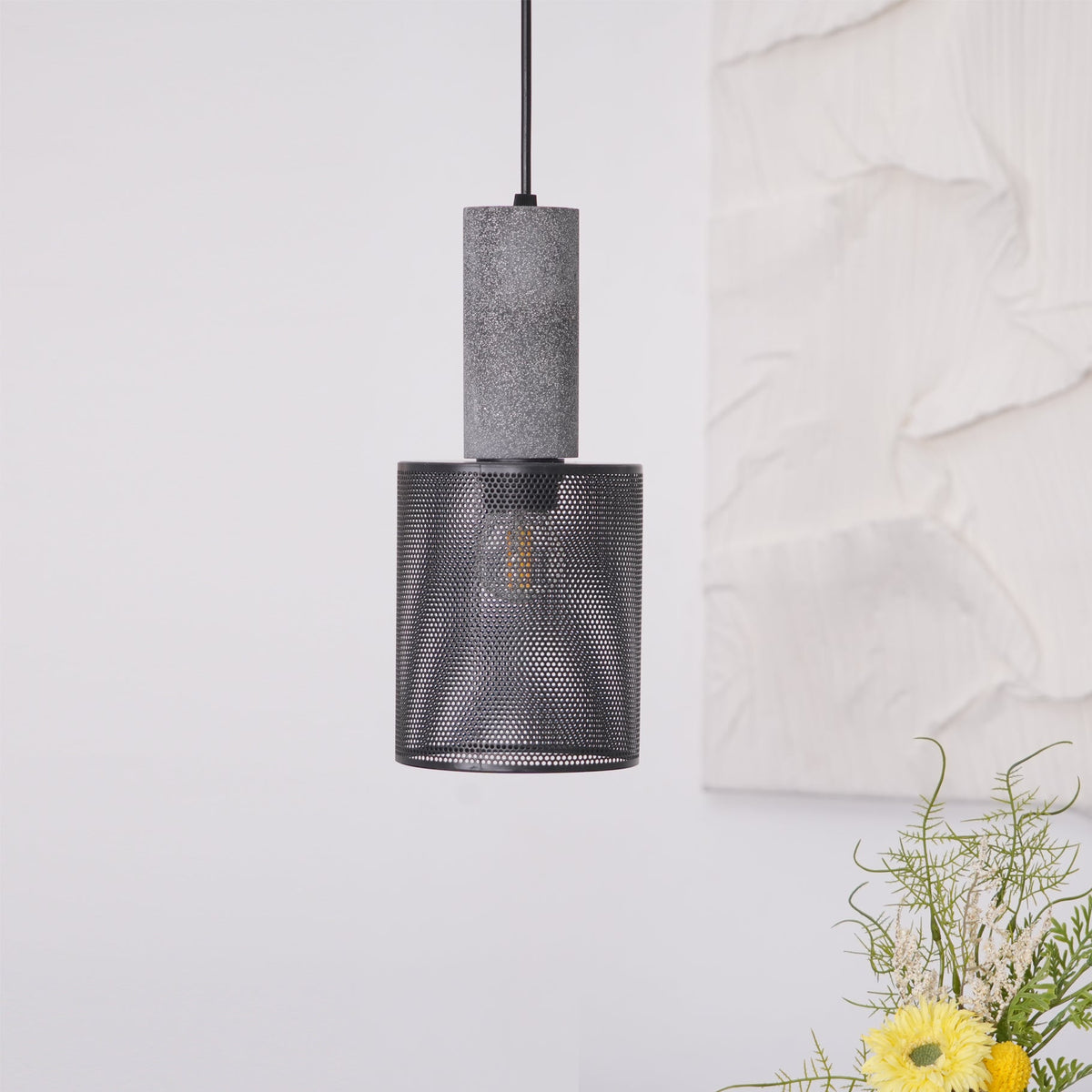 Lámpara colgante de hormigón, industrial, cilíndrica, de metal, negra y gris, E27 | Sansoti