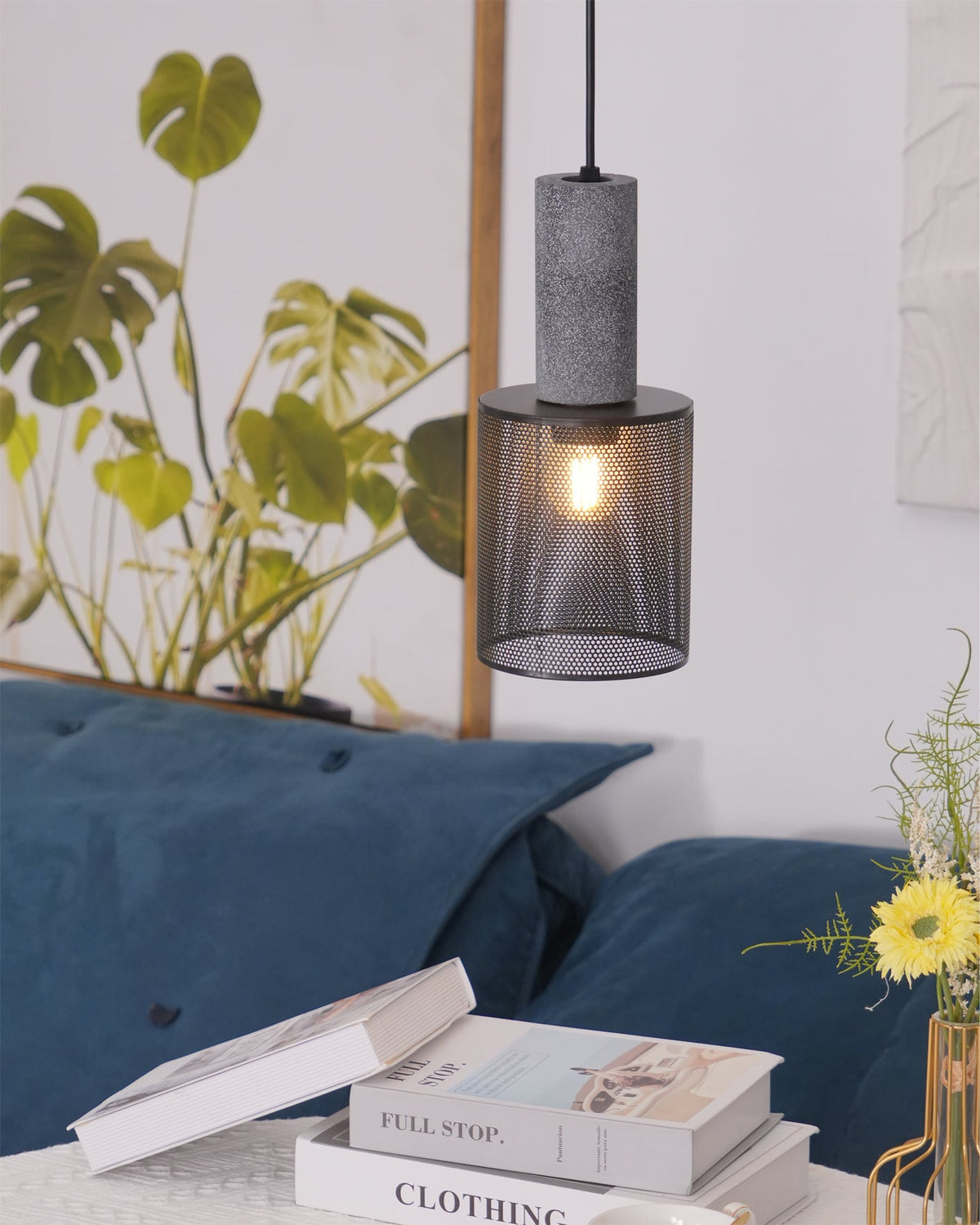 Lámpara colgante de hormigón, industrial, cilíndrica, de metal, negra y gris, E27 | Sansoti