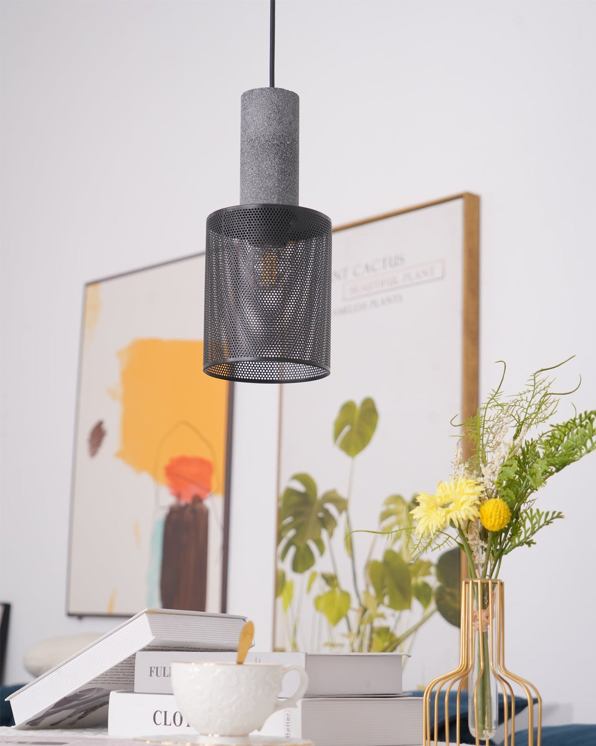 Lámpara colgante de hormigón, industrial, cilíndrica, de metal, negra y gris, E27 | Sansoti