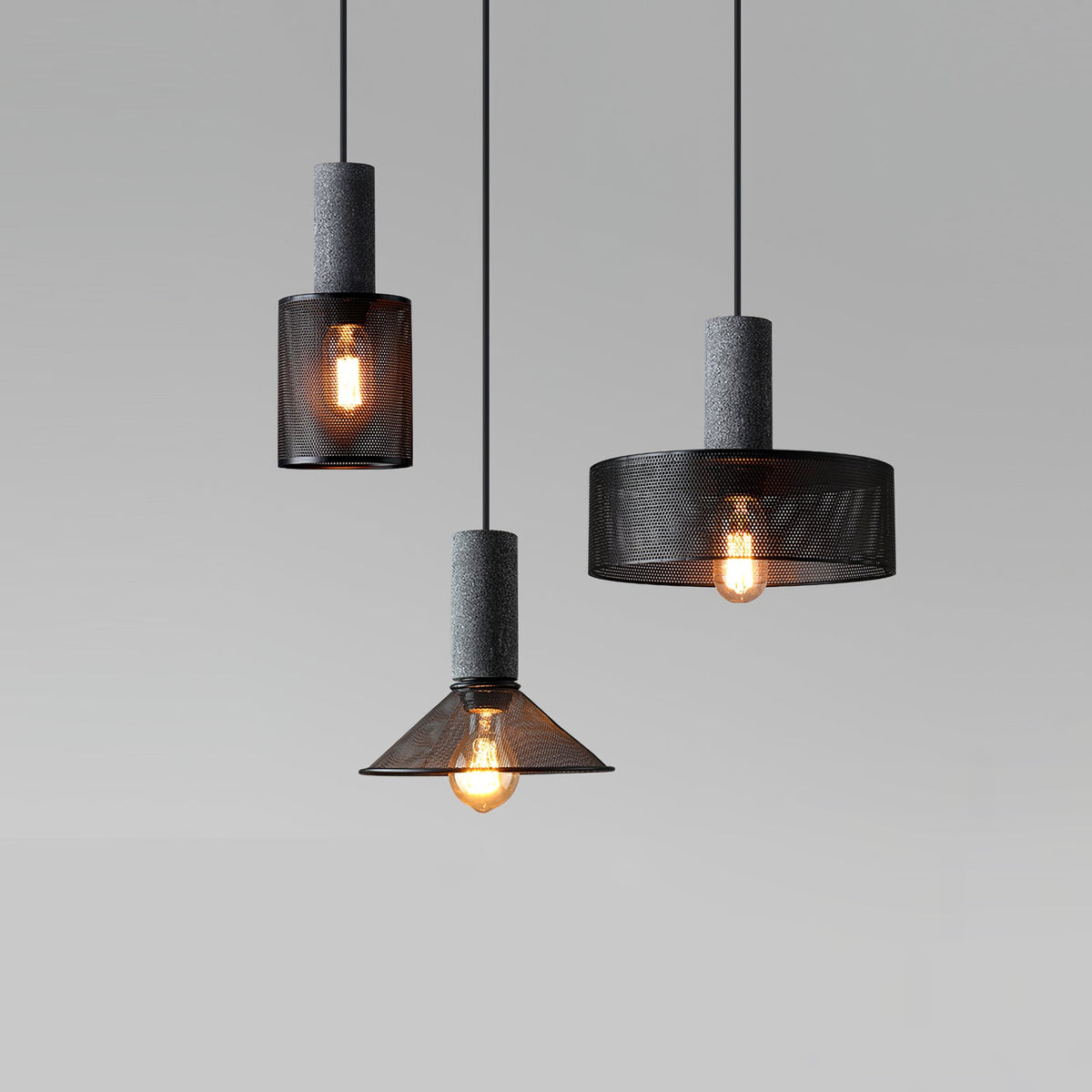 Lámpara colgante de hormigón, industrial, cilíndrica, de metal, negra y gris, E27 | Sansoti