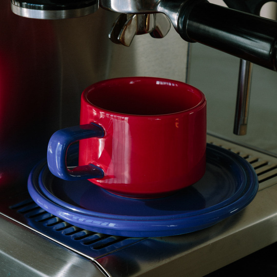 Tasse Und Untertasse Keramik Zweifarbig Rot Blau Kaffeetasse Retro Vintage Geschirr Set | Sansoti