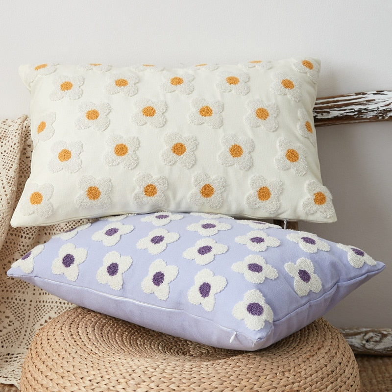 Embroidered Daisy Pillowcase Cotton Lavender Ivory 30x50 45x45 Decorative Pillow | Sansoti