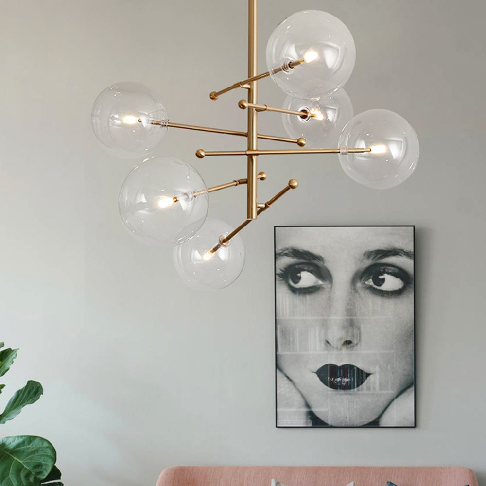 Gold-Colored Pendant Light with Glass Globe Shades LED 6 or 8 Lights Metal Modern Design Dining Room Living Room | Sansoti