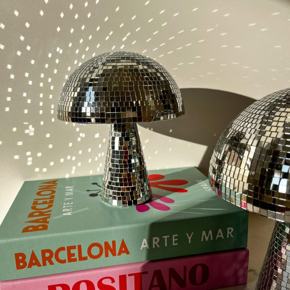 Retro Pilzlampe mit Glitzereffekt – Spiegelkacheln Discokugel Design 15x18cm oder 20x22,5cm | Sansoti