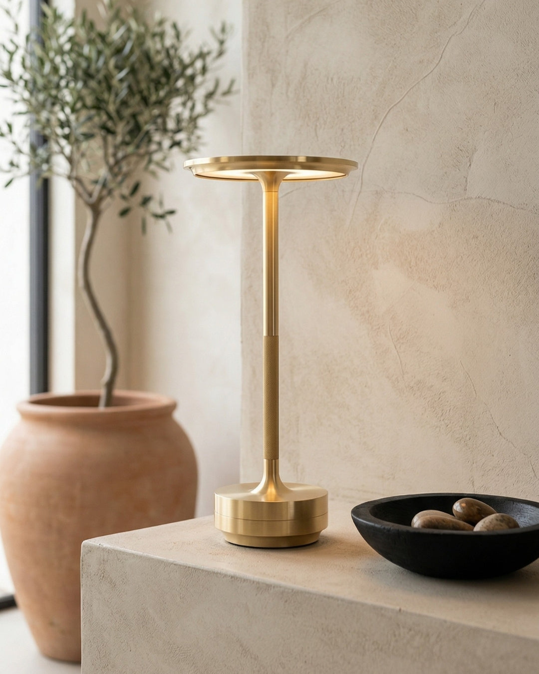 Rechargeable LED Table Lamp with Dim Function Cylinder Shape Metal Wireless Ambient Lamp | Sansoti