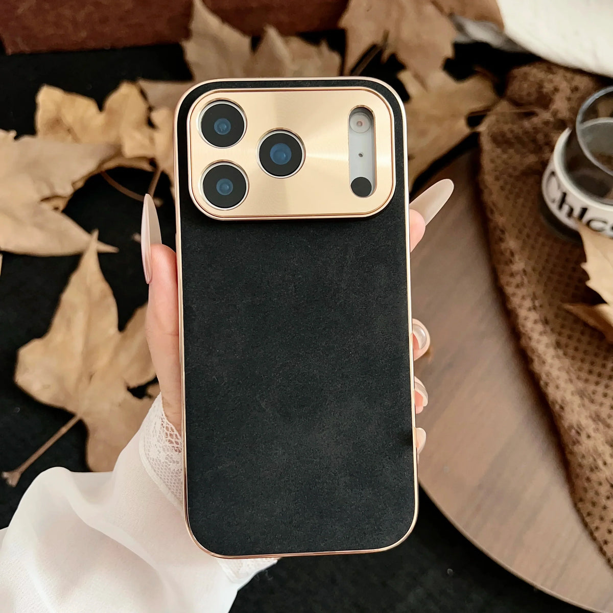 Phone Case with Suede or Glitter Finish Gold-Colored Camera Detail Stylish Design iPhone 13-17 | Sansoti