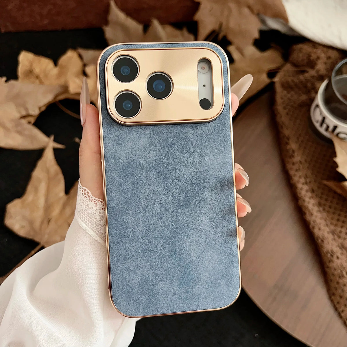 Phone Case with Suede or Glitter Finish Gold-Colored Camera Detail Stylish Design iPhone 13-17 | Sansoti