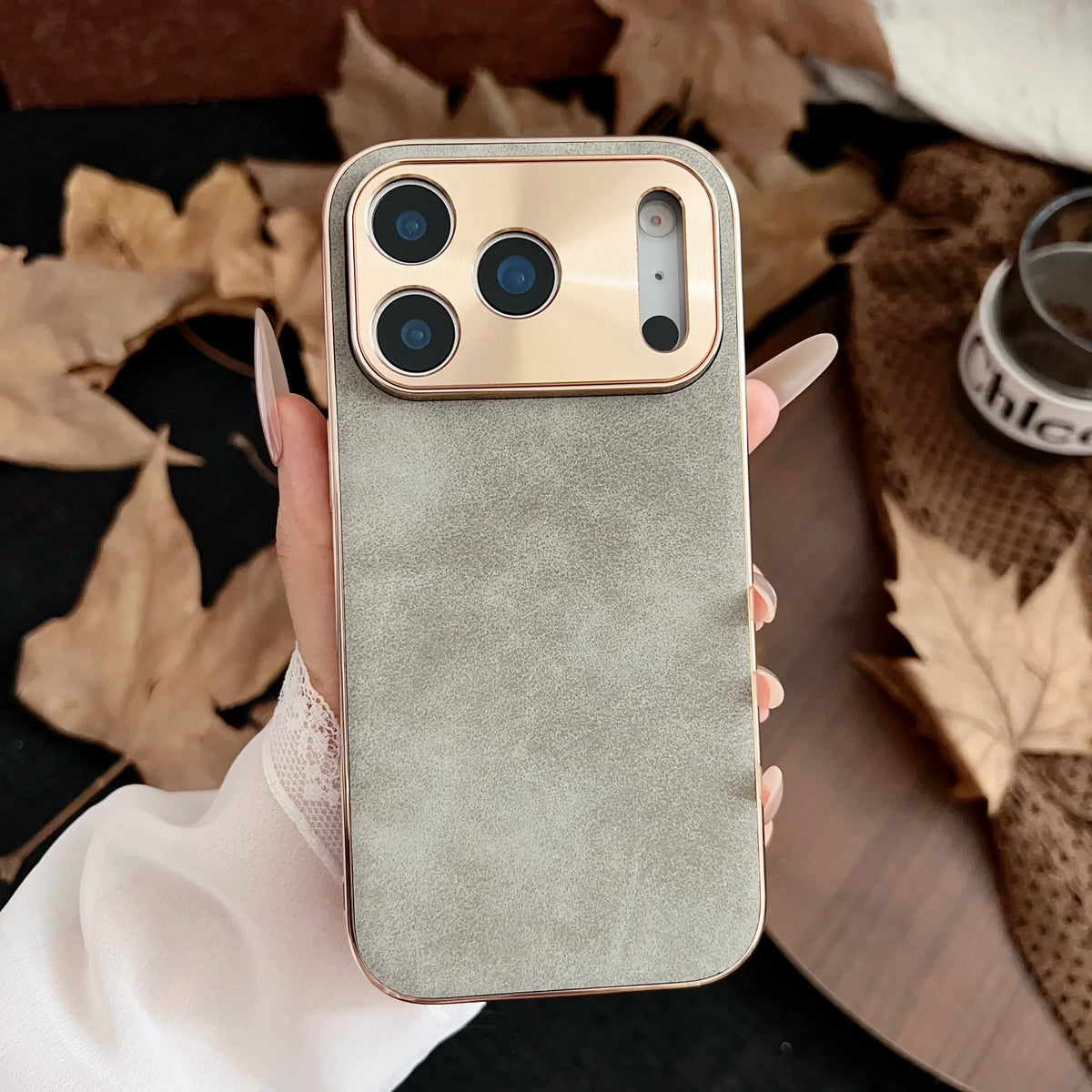 Phone Case with Suede or Glitter Finish Gold-Colored Camera Detail Stylish Design iPhone 13-17 | Sansoti