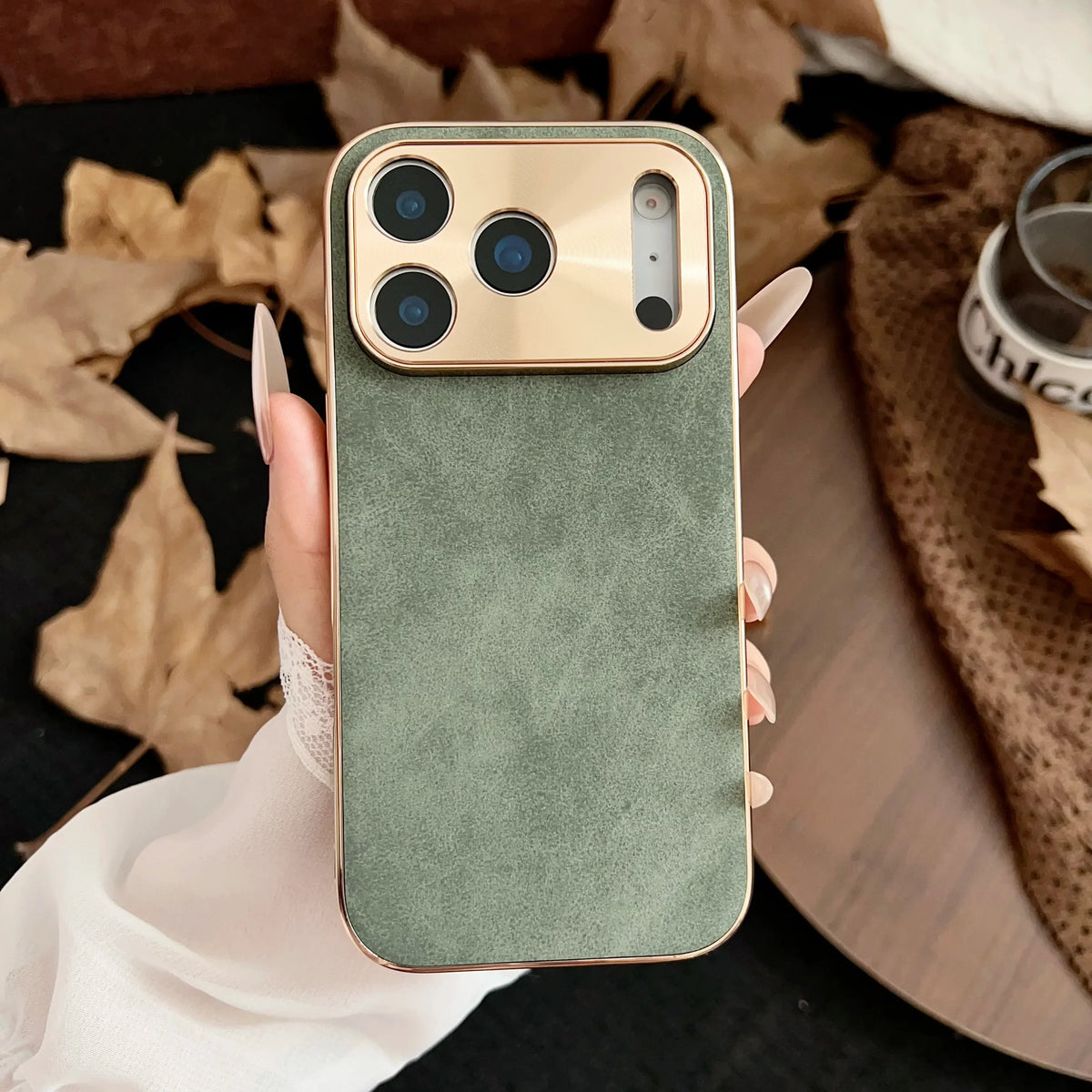 Phone Case with Suede or Glitter Finish Gold-Colored Camera Detail Stylish Design iPhone 13-17 | Sansoti