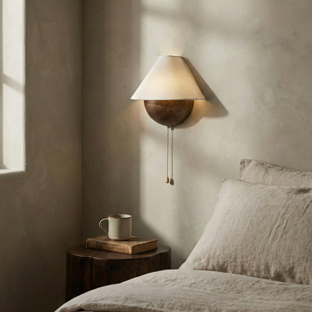 Half-Sphere Wall Lamp with Fabric Shade – Brass Pull Switch & Handcrafted Iron for Bedroom and Reading Nook | Sansoti