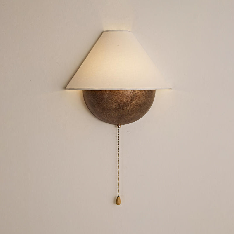 Half-Sphere Wall Lamp with Fabric Shade – Brass Pull Switch & Handcrafted Iron for Bedroom and Reading Nook | Sansoti