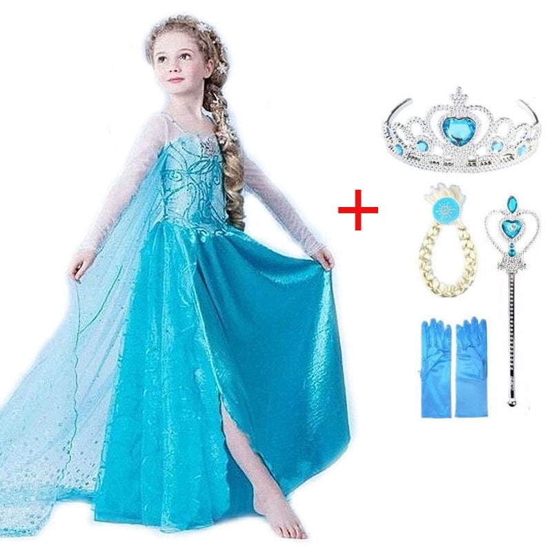 Princess Costume Blue with Accessories for Children 3-10 Years | Complete Set with Tiara Gloves Wand | Dress-Up Party Clothing | Sansoti