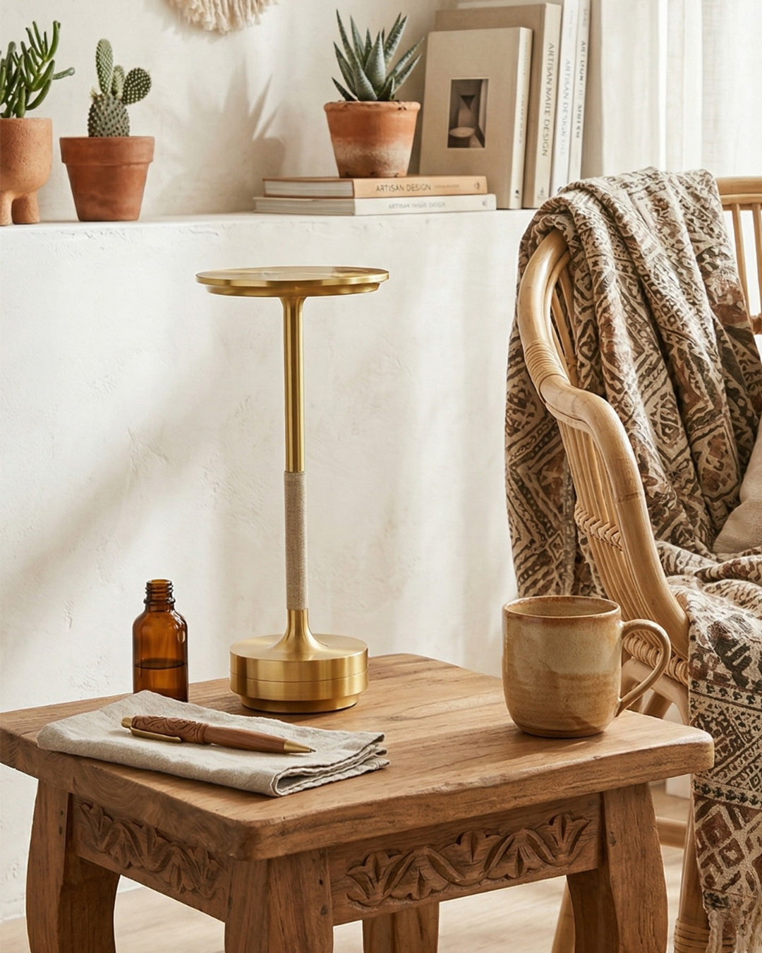 Rechargeable LED Table Lamp with Dim Function Cylinder Shape Metal Wireless Ambient Lamp | Sansoti