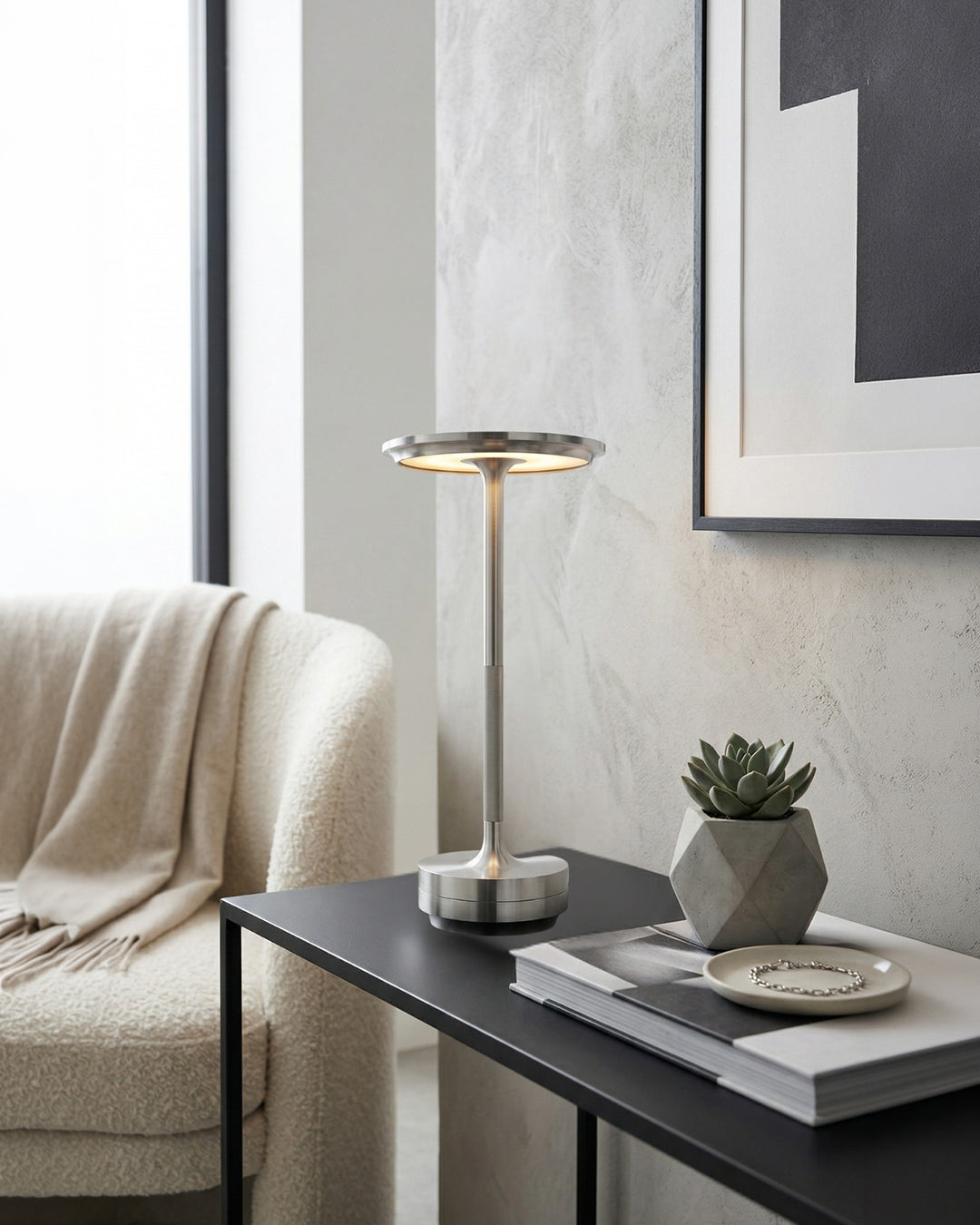 Rechargeable LED Table Lamp with Dim Function Cylinder Shape Metal Wireless Ambient Lamp | Sansoti