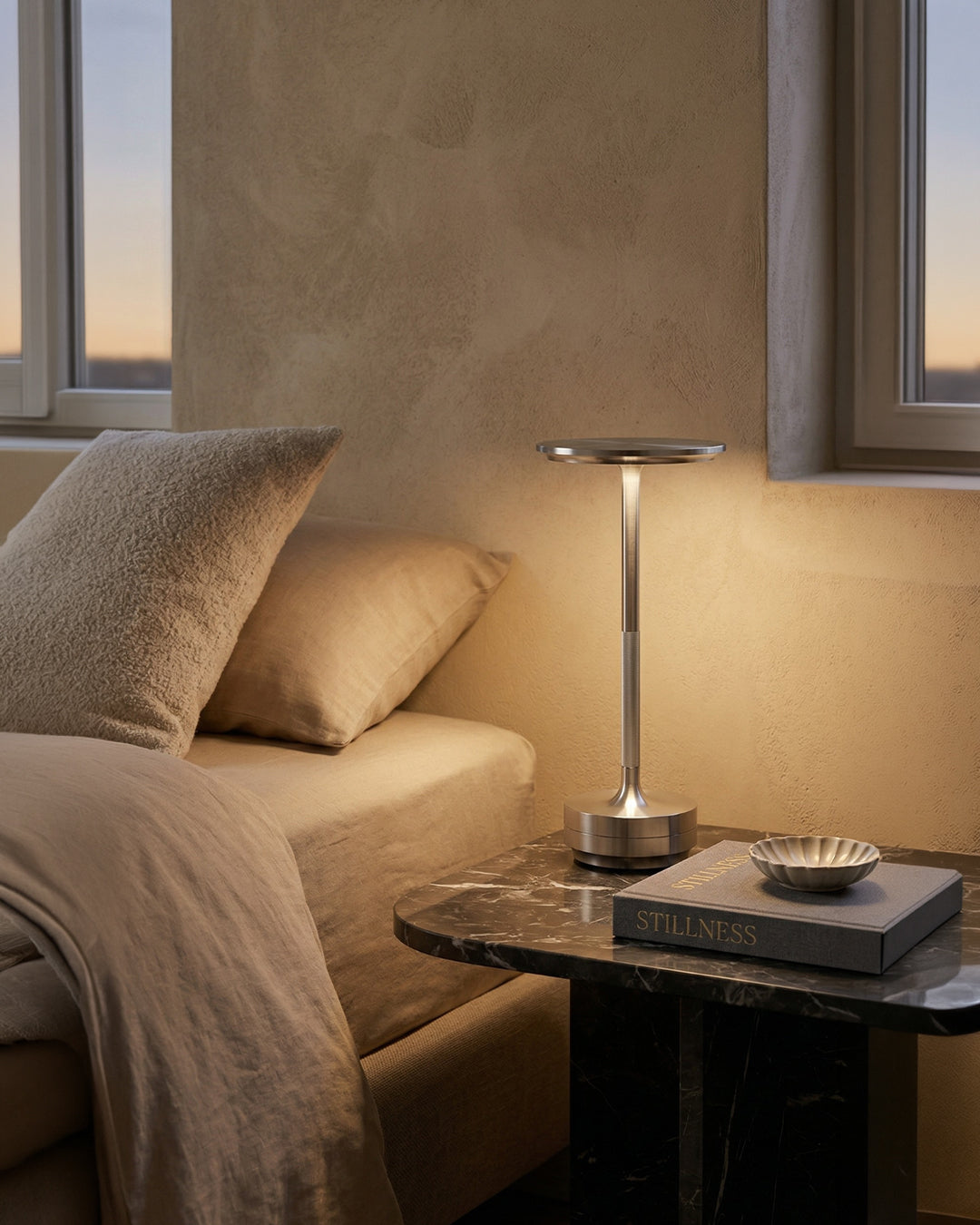 Rechargeable LED Table Lamp with Dim Function Cylinder Shape Metal Wireless Ambient Lamp | Sansoti