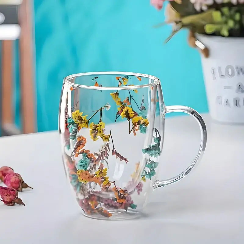 Glas Doppelwandige Blumen Tasse 350ml Kaffee Tee Geschenk Elegant Transparent | Sansoti