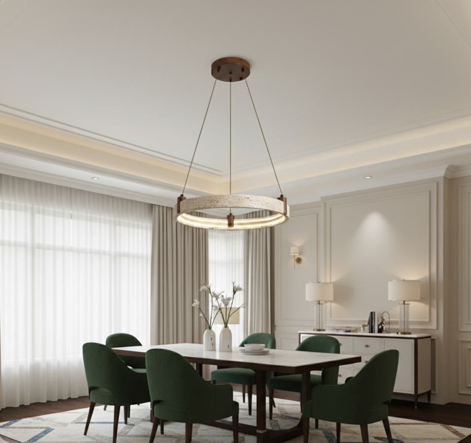 Natural Stone Ceiling Lamp Travertine Round LED Dimmable Living Room Dining Room Pendant Light Luxury Design Interior | Sansoti