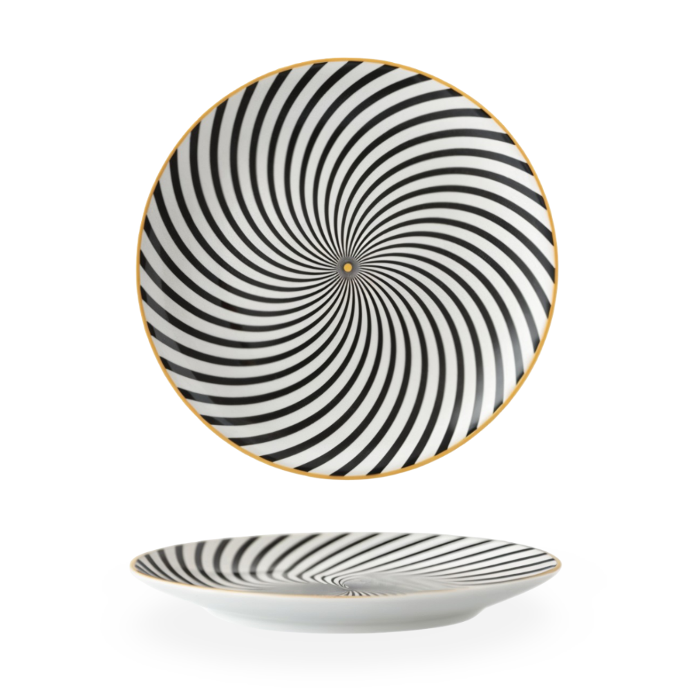 Porseleinen Bord Geometrisch Zwart Wit Goudrand Decoratief Tafelservies Set | Sansoti