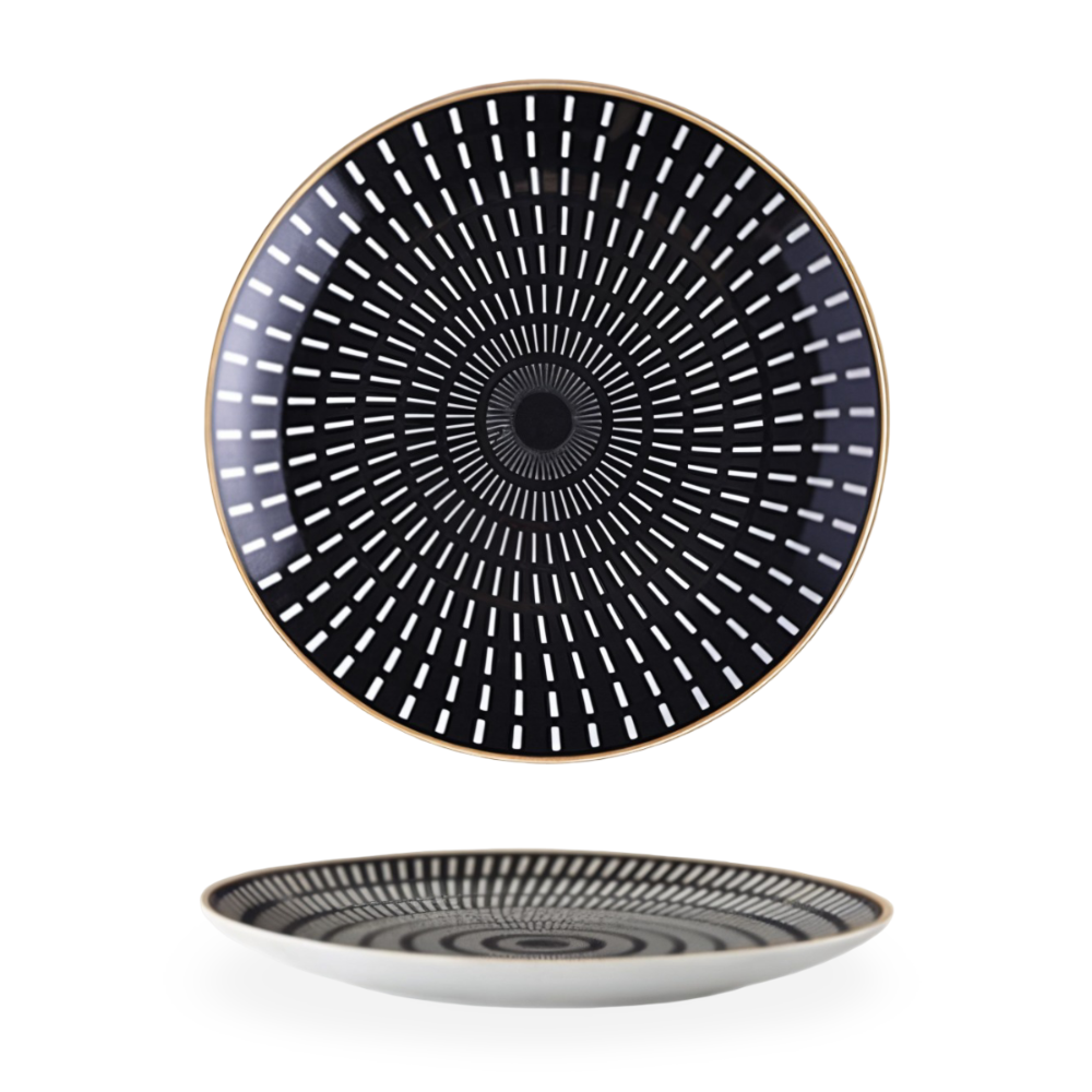 Porseleinen Bord Geometrisch Zwart Wit Goudrand Decoratief Tafelservies Set | Sansoti