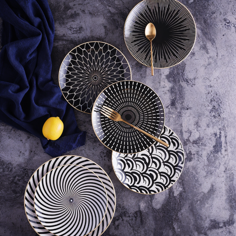 Porseleinen Bord Geometrisch Zwart Wit Goudrand Decoratief Tafelservies Set | Sansoti