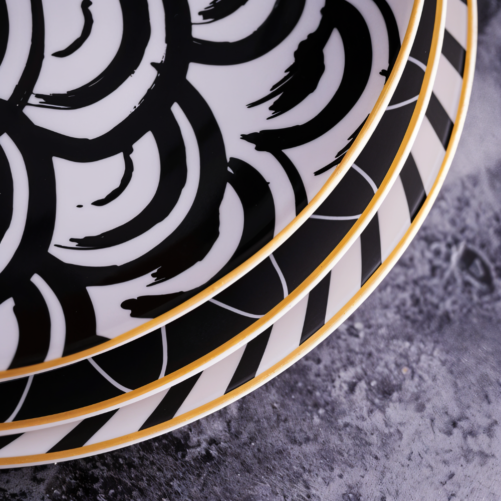 Porseleinen Bord Geometrisch Zwart Wit Goudrand Decoratief Tafelservies Set | Sansoti
