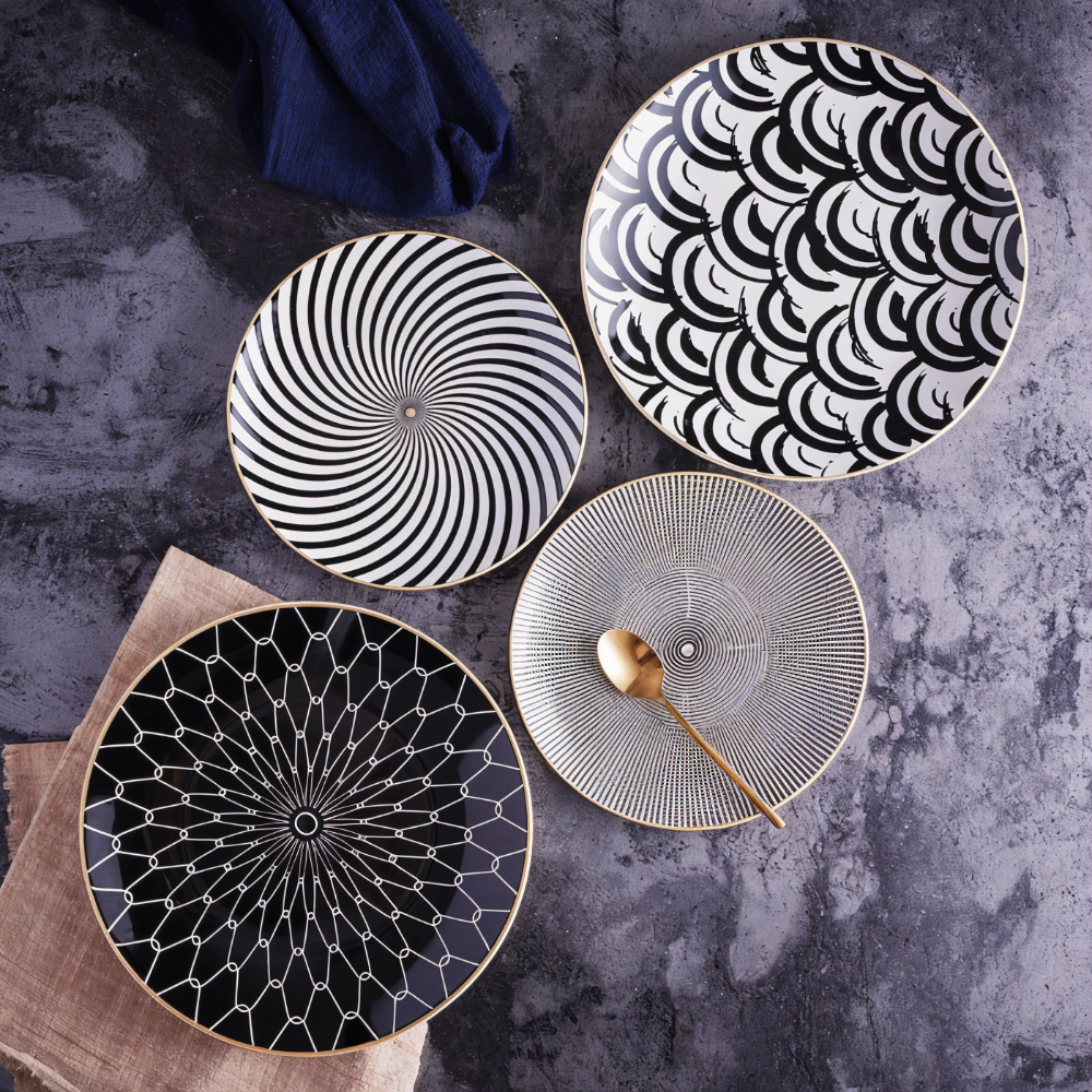 Porseleinen Bord Geometrisch Zwart Wit Goudrand Decoratief Tafelservies Set | Sansoti