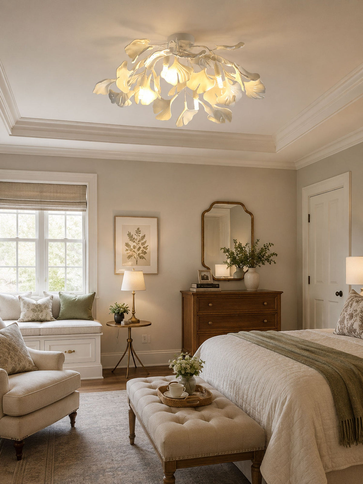Keramische Hängelampe Ginkgo-Blatt – Goldfarbene Fassung mit weißen Blättern – Modernes, von der Natur inspiriertes Design für Wohnzimmer Esszimmer Schlafzimmer | Sansoti
