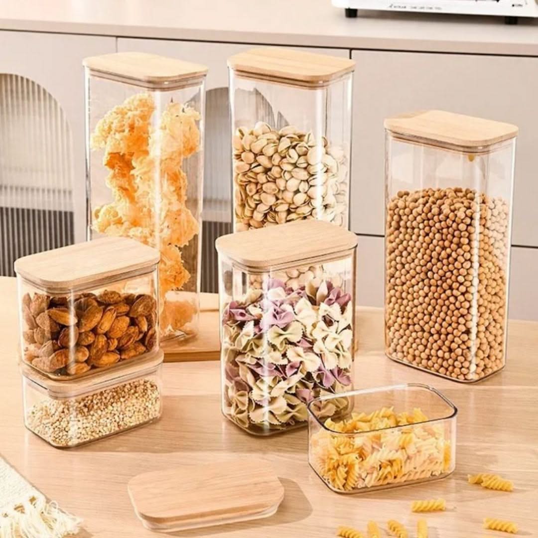 Voorraadpot Glas met Bamboedeksel 750ml-2100ml Luchtdicht Keukenorganisatie Natuurlijk Opbergpot Voedselopslag | Sansoti
