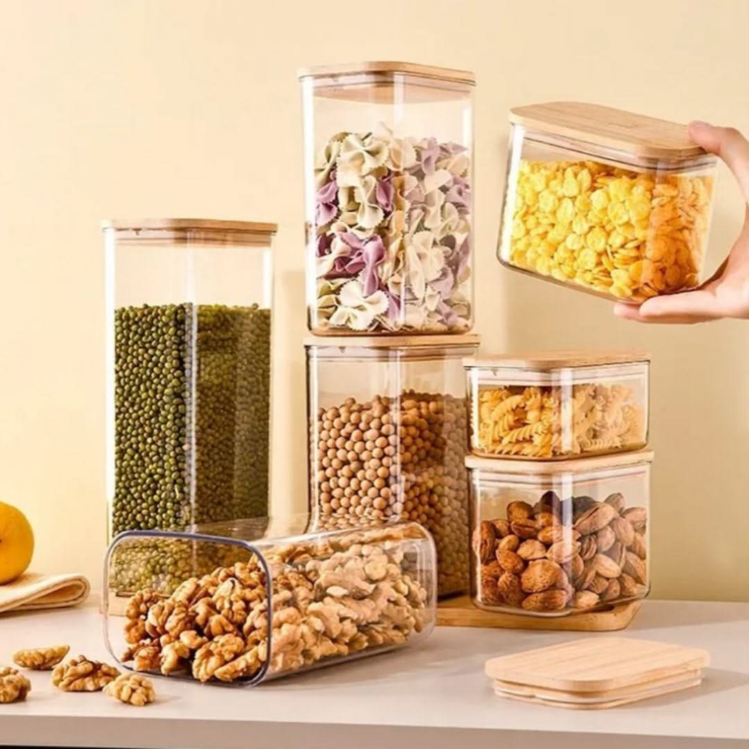 Voorraadpot Glas met Bamboedeksel 750ml-2100ml Luchtdicht Keukenorganisatie Natuurlijk Opbergpot Voedselopslag | Sansoti