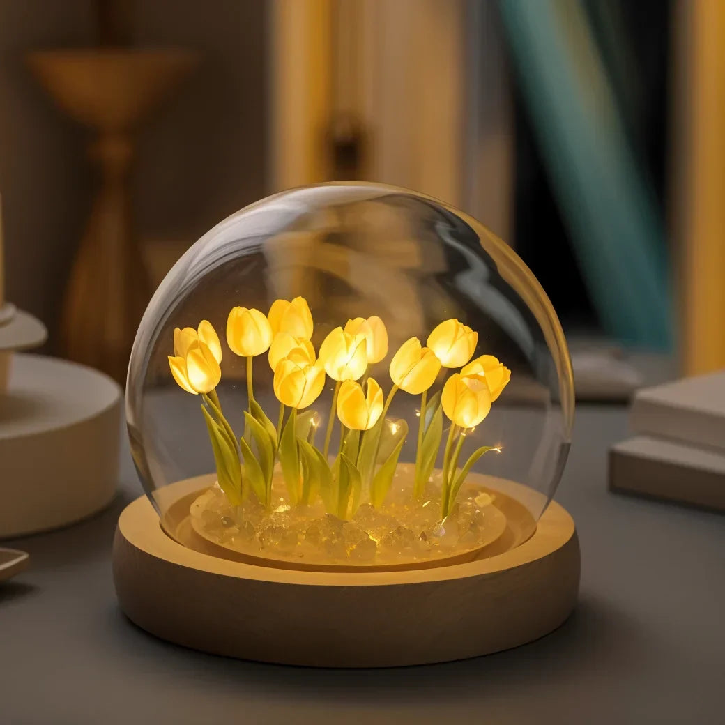 LED Tulip Lamp with Glass Dome and Warm Light for Cozy Living Room Decoration 10cm | Sansoti