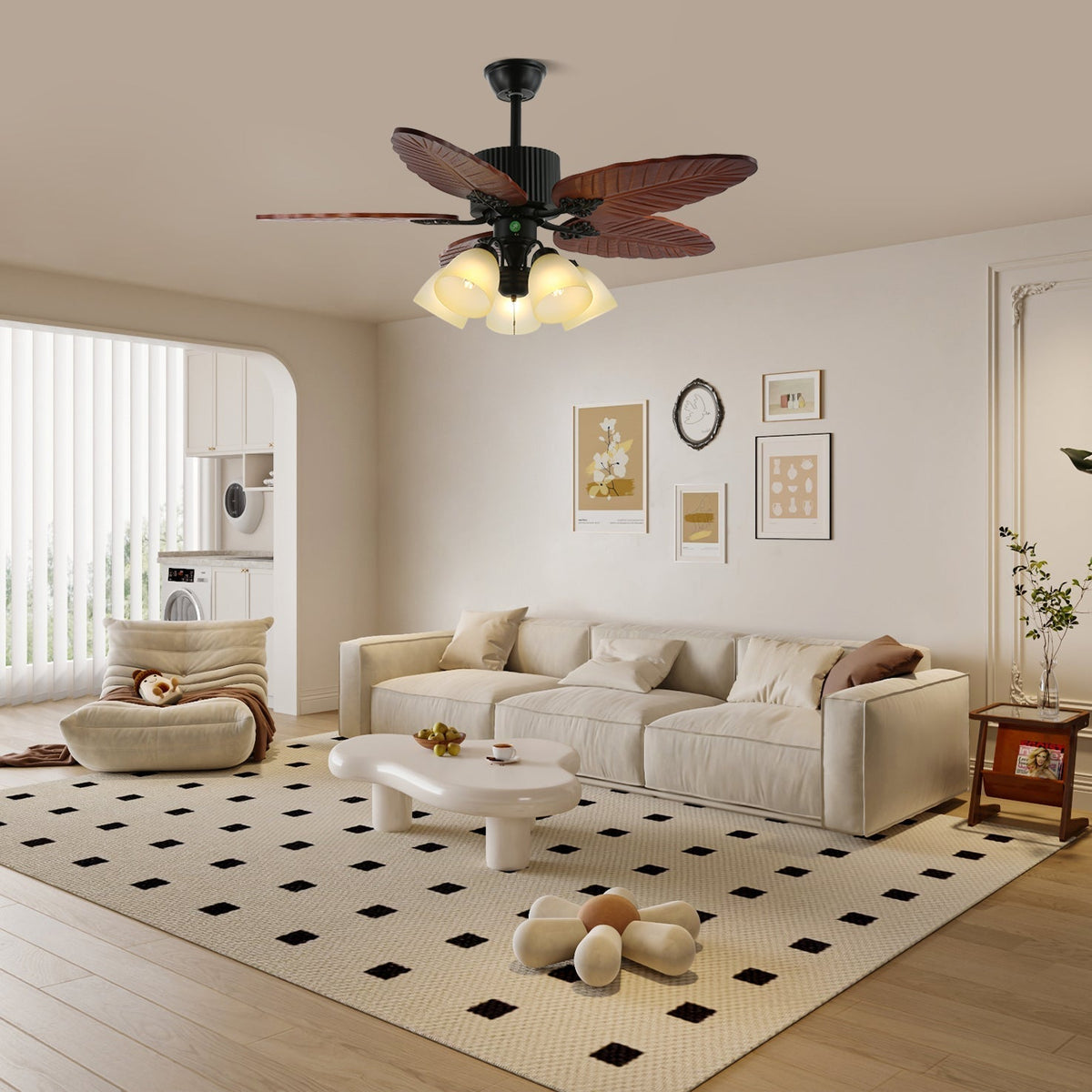 Tropical ceiling fan with lighting and remote control – Natural design with glass shade | Sansoti
