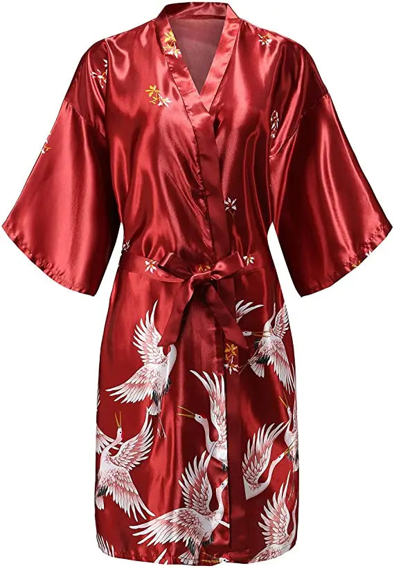 Satin Kimono Robe Floral Print Women's Short Sleeve Luxury Dressing Gown Silky Soft Loungewear Sleepwear | Sansoti